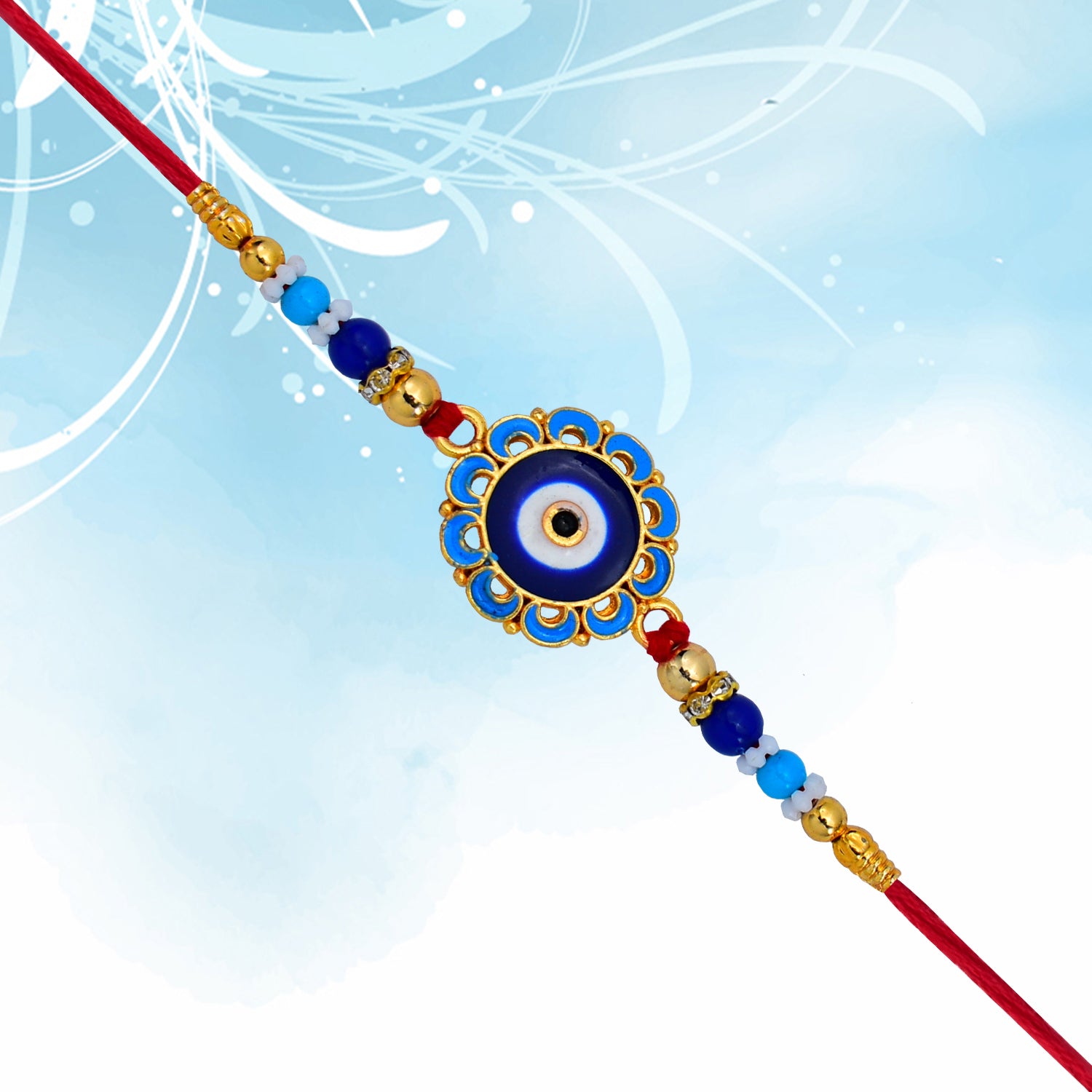 Evil Eye Rakhi With Blue Beads And Golden Accents  Protective Nazar Design Evil Eye Rakhi With Blue Beads And Golden Accents  Protective Nazar Design